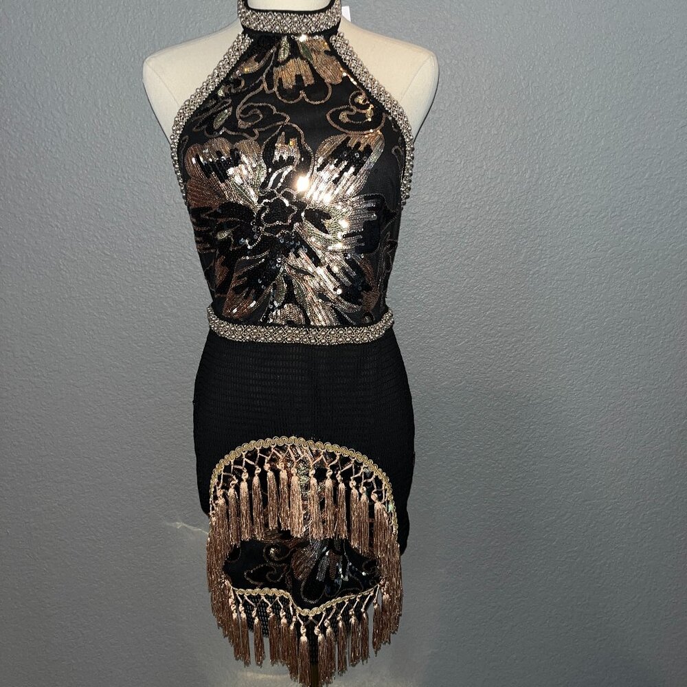 12th Tribe Black and Gold Sequin Halter Dress